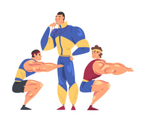 Sticker - Sportive Muscular Men Doing Squats, Male Coach Trainer Character Whistling Them, Physical Workout in Gym Cartoon Style Vector Illustration