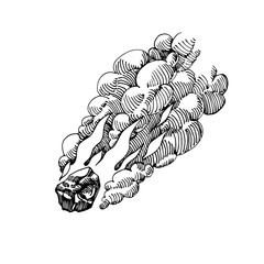 falling meteorite with flames & cloud of smoke, cosmic celestial body, iron meteor, vector illustration with black ink lines isolated on a white background in a doodle & hand drawn style