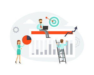 Wall Mural - Team of Tiny Business People Doing Marketing of Financial Research, Analysing Graph, Planning, Command Success Strategy Flat Style Vector Illustration