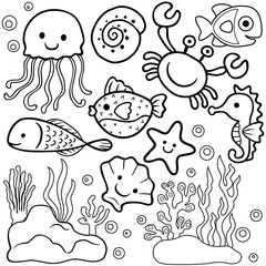 Wall Mural - vector cartoon of marine animals, coloring book or page