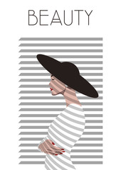 Wall Mural - Beautiful Woman, Hat, Louvers, Light and Shadow Minimal Style Poster 