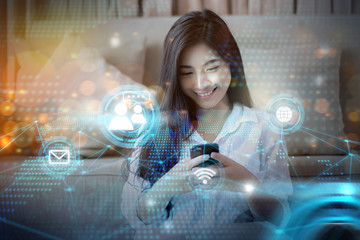 Poster - beautiful girl futuristic internet social media concept, using mobile phone device interacting email