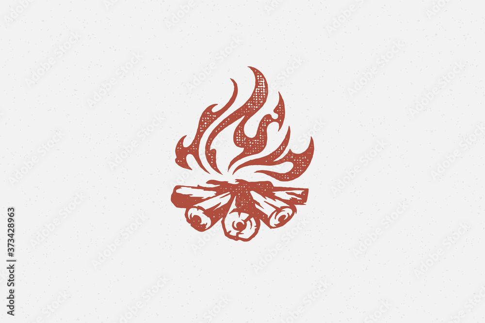 Red silhouette of hot campfire burning on logs on campsite hand drawn stamp effect vector illustration. - obrazy, fototapety, plakaty 