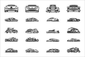 Vintage classic car silhouettes and icons isolated on white background vector illutrations set.