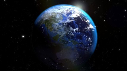 Wall Mural - video of universe flyby. camera moves towards a planet or earth seen at a distance while stars flyby