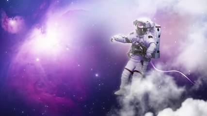 Wall Mural - video of universe flyby with an astronaut seen floating. camera moves towards a galaxy seen at a dis