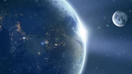 Wall Mural - video of universe flyby. camera moves towards earth planet and moon seen at a distance while stars f