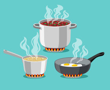 Cooking In Home Pans. Boiling Pot And Fried Pan Set, Cartoon Steel Cooking Pots With Boiling Soup And Fried Egg, Concept Of Home Dinner On Stove, Flaming Gas Burner Heats Kitchen Ob