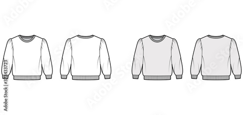 Fotografía Cropped cotton-terry sweatshirt technical fashion illustration with puffed shoulders, elbow sleeves, ribbed trims
