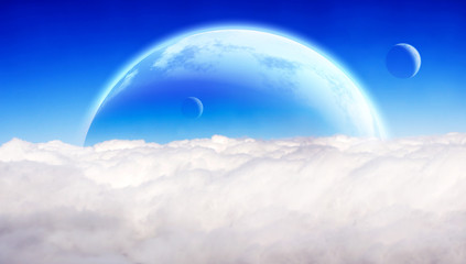 Wall Mural - fantastic sky with white clouds and three planets