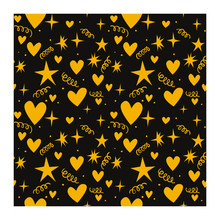 Abstract Seamless Pattern Of Yellow Hearts And Stars On Brown Background. Image For A Poster Or Cover. Vector Illustration. Repeating Texture. Figure For Textiles.