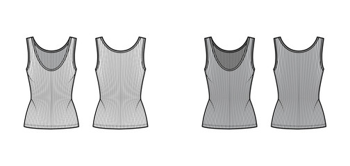 Poster - Ribbed open-knit tank technical fashion illustration with fitted body, deep scoop neck, elongated hem. Flat outwear top apparel template front, back white grey color. Women men unisex shirt CAD mockup