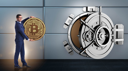 Poster - Businessman with bitcoin in front of vault door