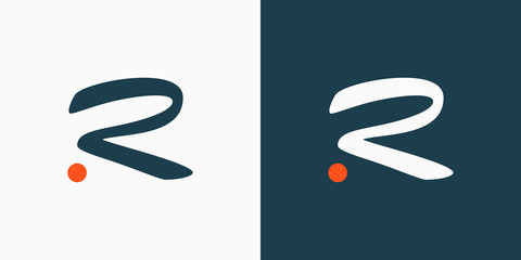 Poster - Initial Letter R Logo. Blue and White Hand Drawn Letter with Orange Dot isolated on Double Background. Usable for Branding Logos. Flat Vector Logo Design Template Element