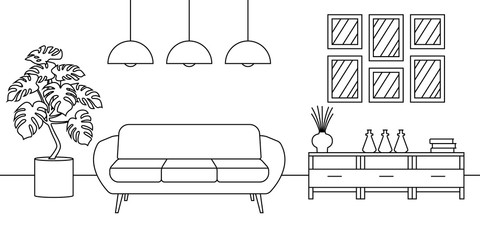 Living room interior line sketch. Outline design of home or house inside with sofa and modern furniture. Vector illustration.