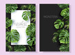 Vector tropical frames with green monstera leaves on black background. Luxury exotic botanical design for cosmetics, wedding invitation, summer banner, spa, perfume, beauty, travel, packaging design