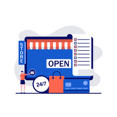 Poster - Online shopping, e-commerce, online store, distant trade concepts with character. Transfer money from credit card. Modern vector illustration in flat style for landing page, mobile app, hero images