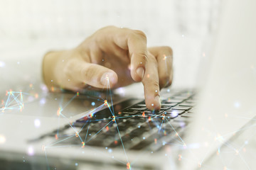 Aufkleber - Creative concept of wireless technology and hands typing on laptop on background. Big data and database concept. Multiexposure