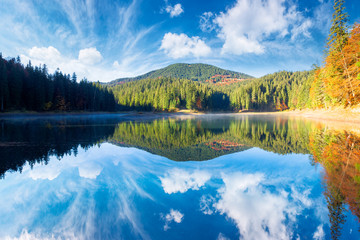 mountain lake among the forest. trees in colorful foliage. beautiful landscape on a sunny autumn mor