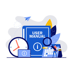 Poster - User manual concept with characters. Requirements specifications document. People reading book instructions and discussing content of the guide book. Modern vector illustration in flat style