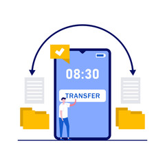 Poster - transfer data and document concept with characters. copy files, data exchange, synchronization app, 