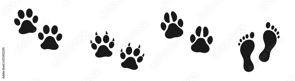 Set of human and animal footprints. Bare human feet. Cat and dog trace. Pet store icon. Steps. - obrazy, fototapety, plakaty 