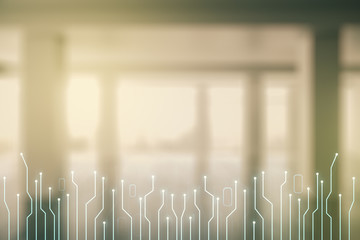 Poster - Double exposure of abstract virtual circuit hologram on empty modern office background. Research and development hardware concept