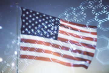 Aufkleber - Abstract virtual wireless technology hologram with hexagon on US flag and blue sky background. Big data and database concept. Multiexposure