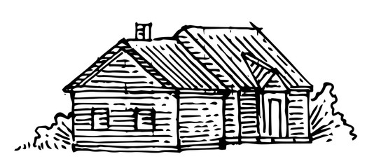 Old rural house. Outline hand drawing. Isolated vector object on white background. Rustic building. Suburban village.