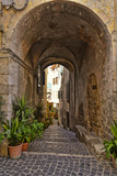Fototapeta  - A small street between the old houses of Giuliano di Roma, of a medieval village in the Lazio region, Italy.
