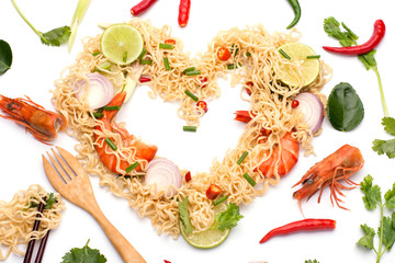 Sticker - Heart-shaped seasoned noodles with shrimp lemon lemongrass onion coriander spring onion chili spicy noodles isolated on white background.