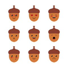 Wall Mural - Set, collection of cute cartoon style acorn emoji isolated on white background.
