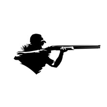 Trap Shooting, Aiming Athlete With Gun, Isolated Vector Silhouette. Ink Drawing
