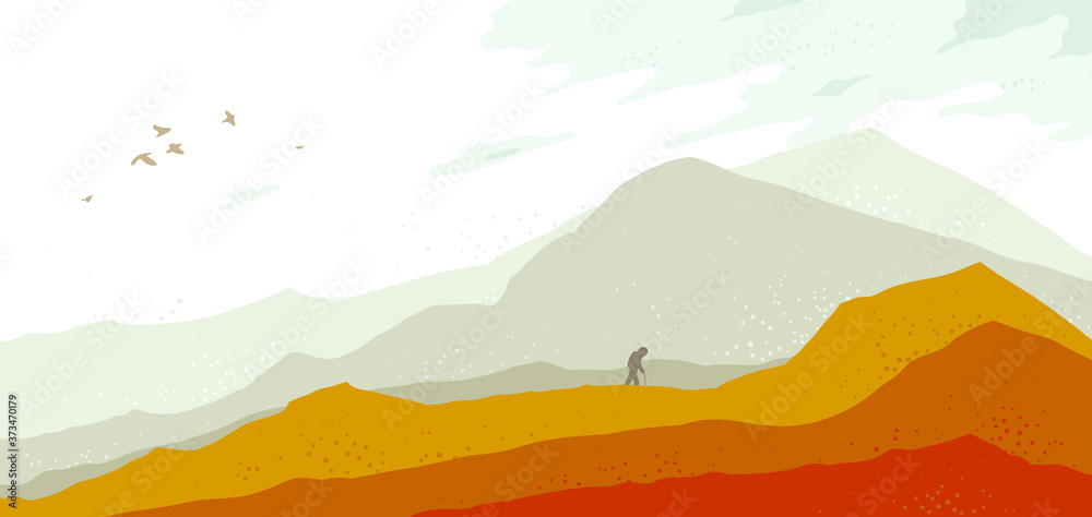 Beautiful scenic nature landscapewith traveler pilgrim vector illustration autumn season with grasslands meadows hills and mountains, fall hiking traveling trip to the countryside concept. - obrazy, fototapety, plakaty 