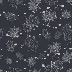 Wall Mural - seamless pattern with outline fall leaf, abstract leaf texture with watercolor splash design
