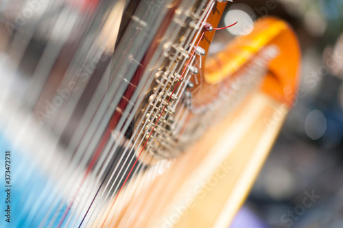 Cuadros en Lienzo Stringed musical instrument harp- close up view with focus concept