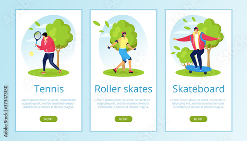 Tennis, roller skates, skateboard rent for summer sport on nature vector illu...
