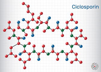 Sticker - Ciclosporin, cyclosporine, cyclosporin molecule. It has immunomodulatory properties, prevent organ transplant rejection, treat inflammatory, autoimmune conditions. Sheet of paper in cage