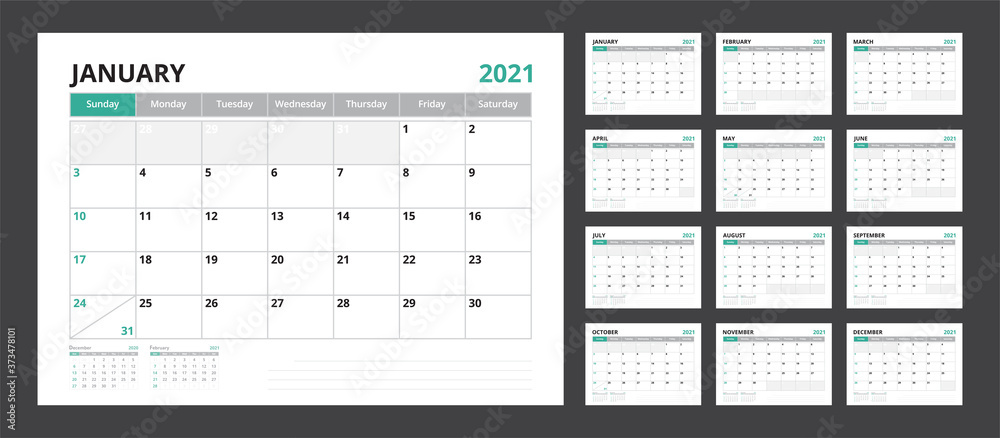 2021 calendar planner set for template corporate design week start on Sunday. - obrazy, fototapety, plakaty 
