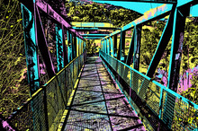 Iron Footbridge Over Small River At Monte Alegre Do Sul. A Little Rural Town Amid Hilly Landscape In Southeastern Brazil. Blacklight Poster Filter.