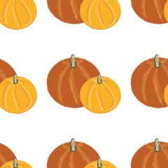 Wall Mural - Flat pumpkin seamless background. Doodle template. Vector illustration. Grunge abstract pattern. Fall backdrop. Autumn textile ornament. Holiday celebration.