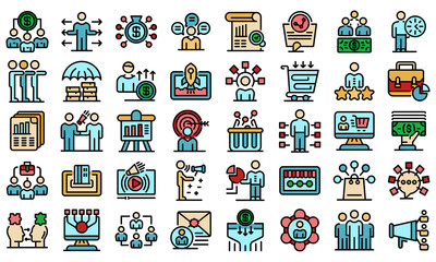 Poster - Affiliate marketing icons set. Outline set of affiliate marketing vector icons thin line color flat on white
