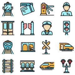 Poster - Electric train driver icons set. Outline set of electric train driver vector icons thin line color flat on white