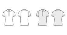 Polo Shirt Technical Fashion Illustration With Cotton-jersey Short Sleeves, Oversized, Buttons Along The Front. Flat Outwear Apparel Template Front, Back, White Grey Color. Women Men Unisex Top Mockup