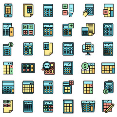 Poster - Calculator icons set. Outline set of calculator vector icons thin line color flat on white