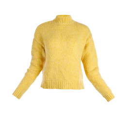 Stylish warm yellow sweater isolated on white