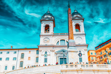 ROME, ITALY - MAY 10, 2017 : Trinita Dei Monti Church, Fraternita Monastica Delle Sorelle Di Gerusalemme And Obelisco Sallustiano On Spanish Steps Square.Rome. Italy.