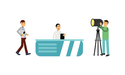 Wall Mural - Man Character as Journalist or News Reporter from Studio TV Broadcast and Cameraman Vector Illustration Set