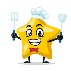 Vector illustration of star mascot or character wearing chef hat and holding spatula