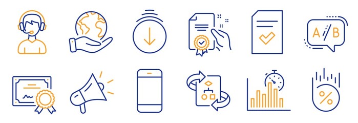 Poster - Set of Technology icons, such as Scroll down, Smartphone. Certificate, save planet. Certificate, Ab testing, Megaphone. Report timer, Loan percent, Technical algorithm. Vector